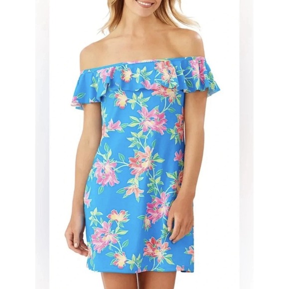Tommy Bahama Dresses & Skirts - Tommy Bahama Blue Pink Tropical Floral Off The Shoulder Beach Dress SS500071 M